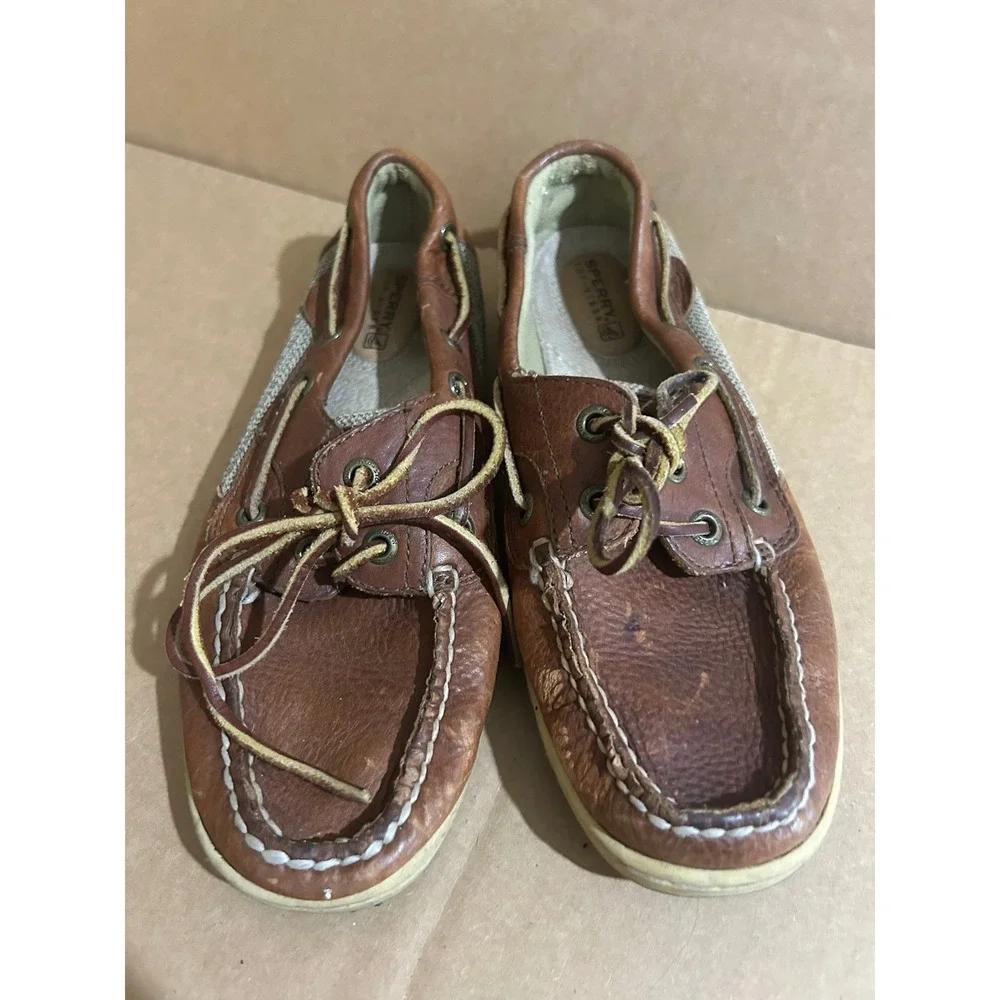 Sperry Top-Sider Womens 5.5M Brown Leather Mesh Boat Shoes Loafers